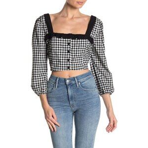 BCBGeneration Crop Top Ruffled Gingham Black White Blouse Top Shirt Sz L NWT $78